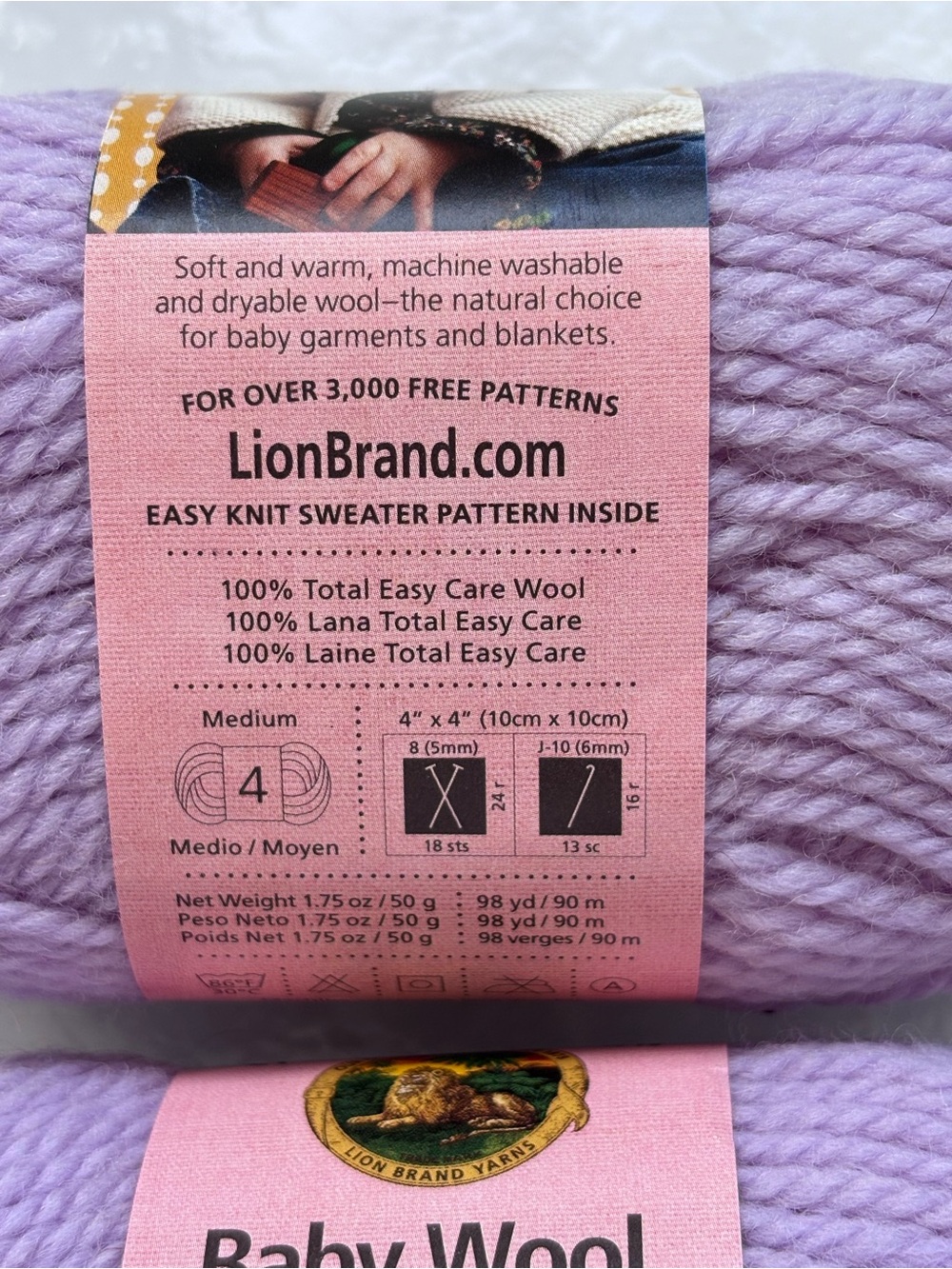 New Lion Brand Baby Wool Solids Yarn "Lavender" discontinued - 2 Skeins - Picture 4 of 4